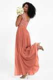 Cap Sleeves Chiffon Bridesmaid Dress with Lace Long Formal Evening Prom Dresses Gowns