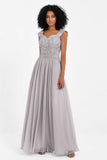 Cap Sleeves Chiffon Bridesmaid Dress with Lace Long Formal Evening Prom Dresses Gowns