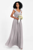 Cap Sleeves Chiffon Bridesmaid Dress with Lace Long Formal Evening Prom Dresses Gowns