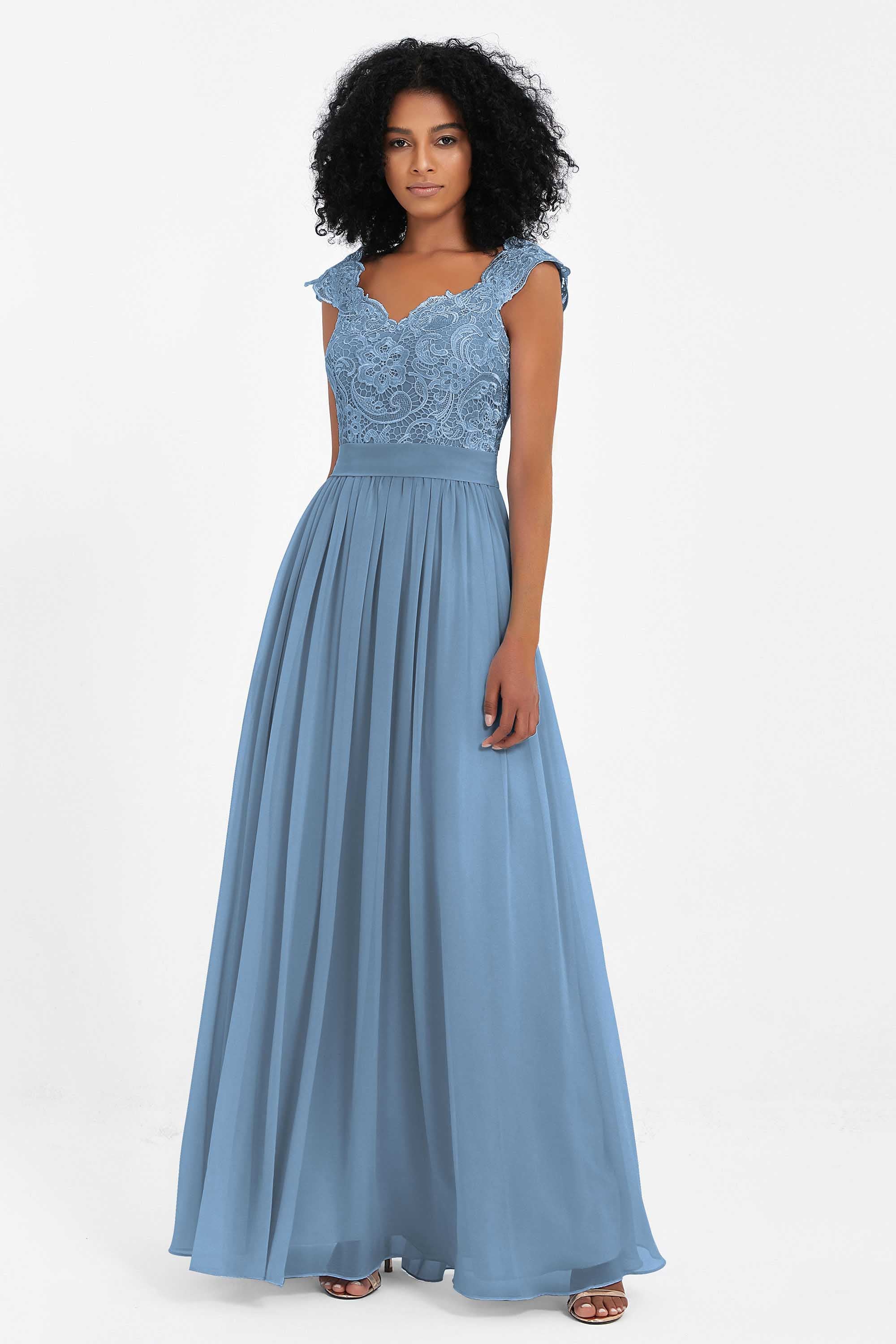Cap Sleeves Chiffon Bridesmaid Dress with Lace Long Formal Evening Prom Dresses Gowns
