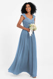 Cap Sleeves Chiffon Bridesmaid Dress with Lace Long Formal Evening Prom Dresses Gowns