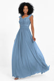 Cap Sleeves Chiffon Bridesmaid Dress with Lace Long Formal Evening Prom Dresses Gowns