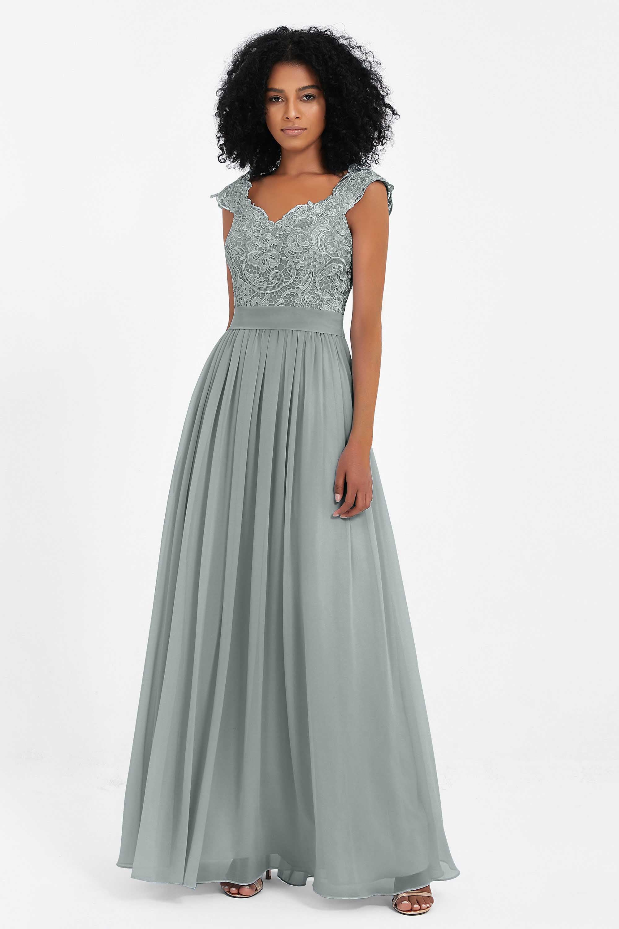 Cap Sleeves Chiffon Bridesmaid Dress with Lace Long Formal Evening Prom Dresses Gowns