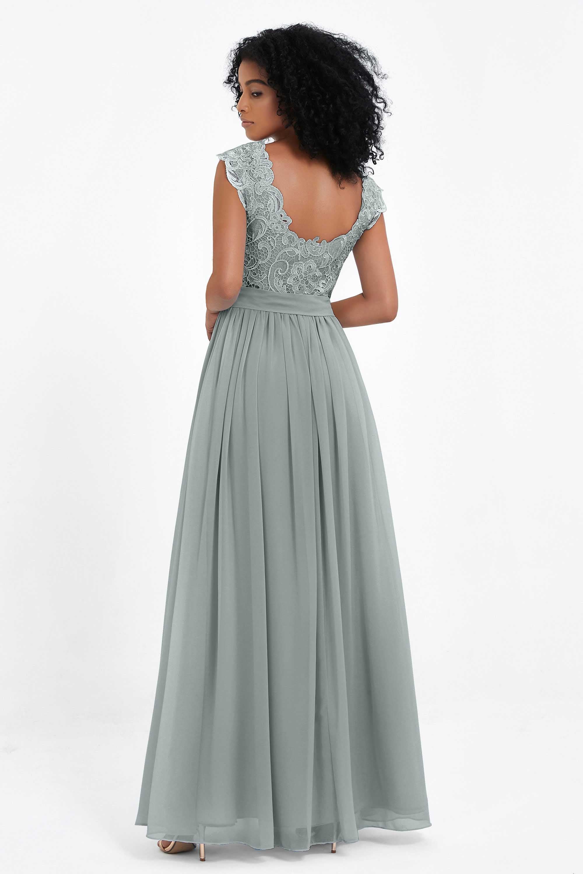 Cap Sleeves Chiffon Bridesmaid Dress with Lace Long Formal Evening Prom Dresses Gowns