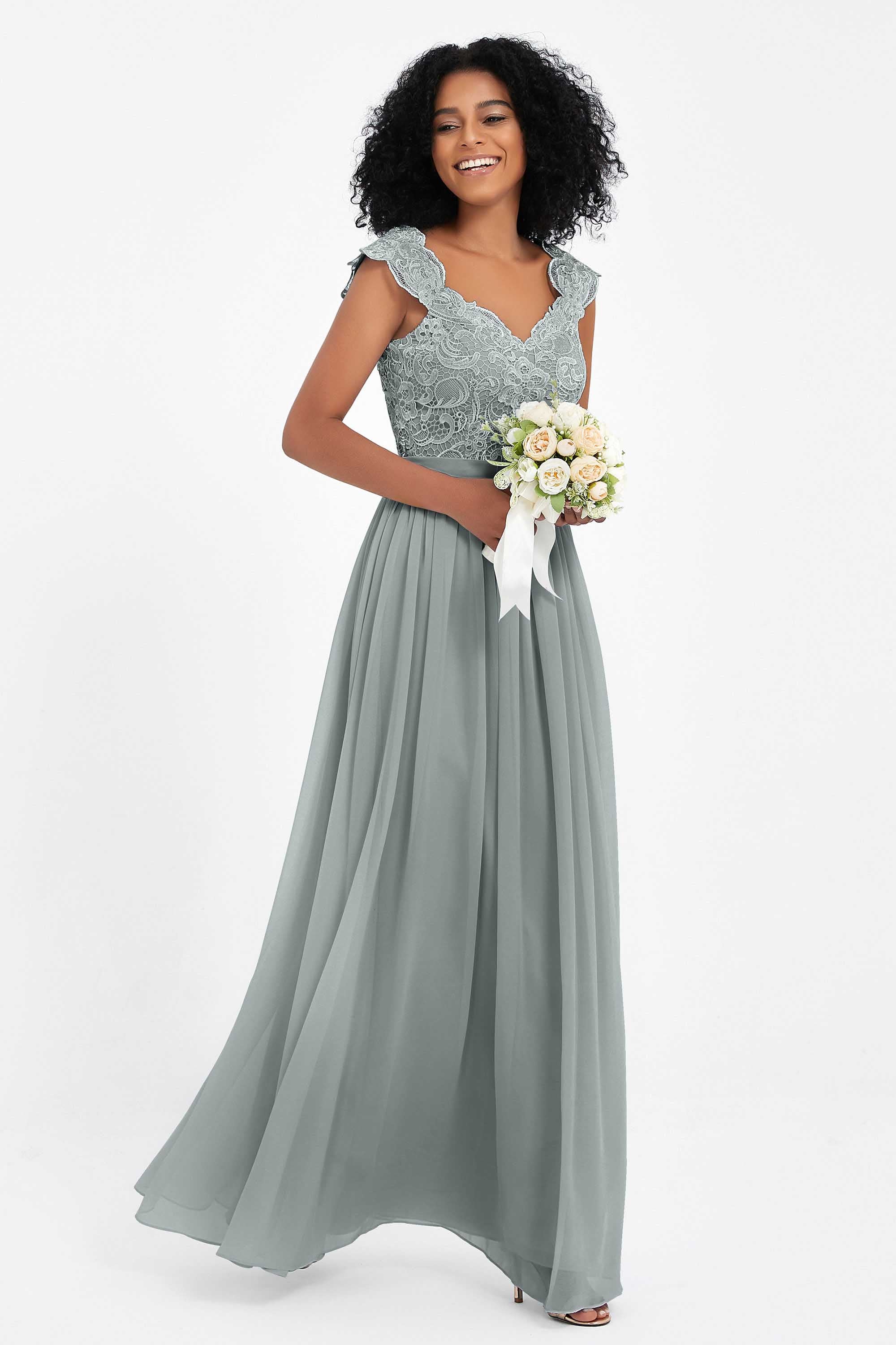 Cap Sleeves Chiffon Bridesmaid Dress with Lace Long Formal Evening Prom Dresses Gowns