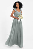 Cap Sleeves Chiffon Bridesmaid Dress with Lace Long Formal Evening Prom Dresses Gowns