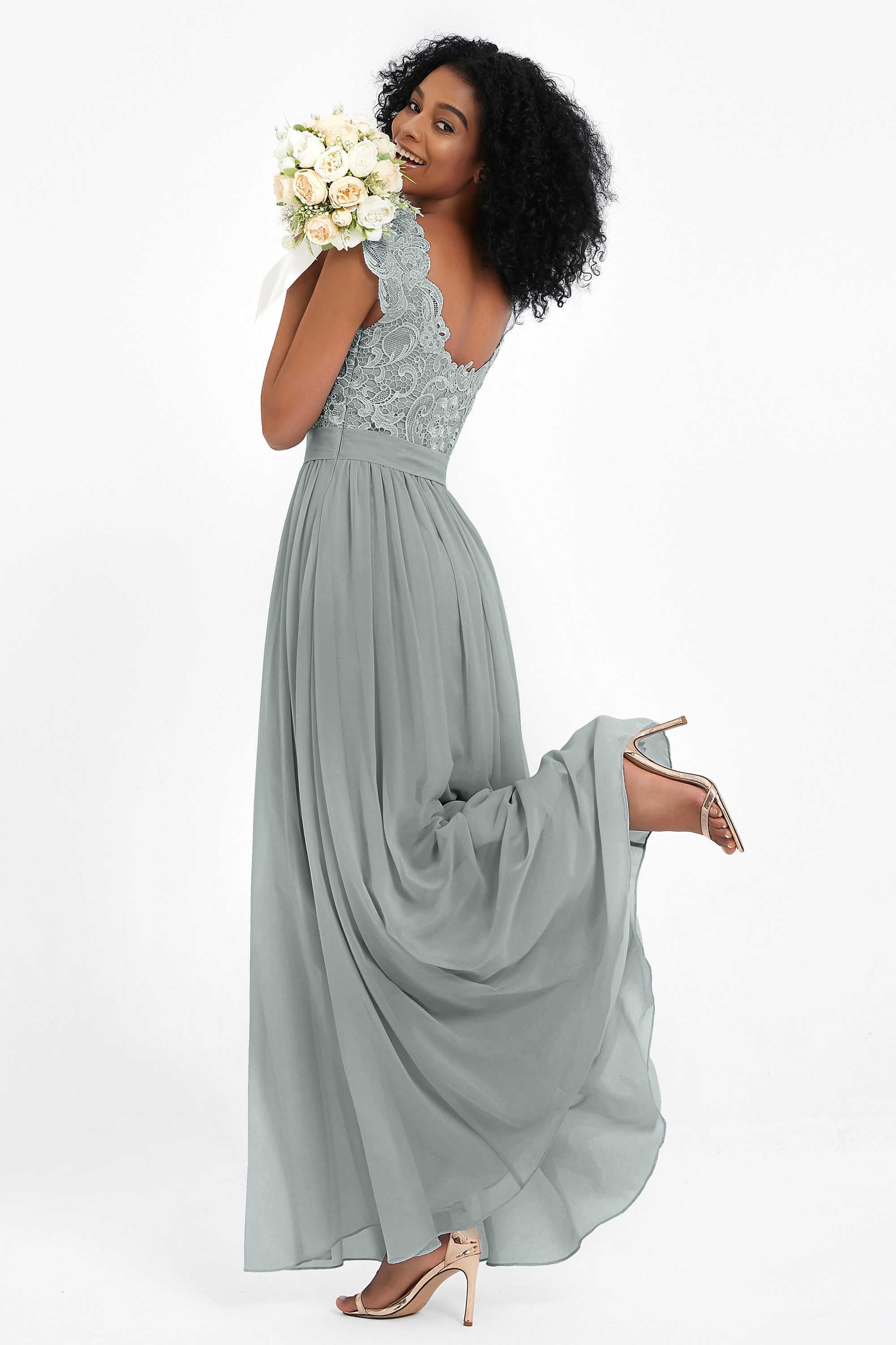 Cap Sleeves Chiffon Bridesmaid Dress with Lace Long Formal Evening Prom Dresses Gowns