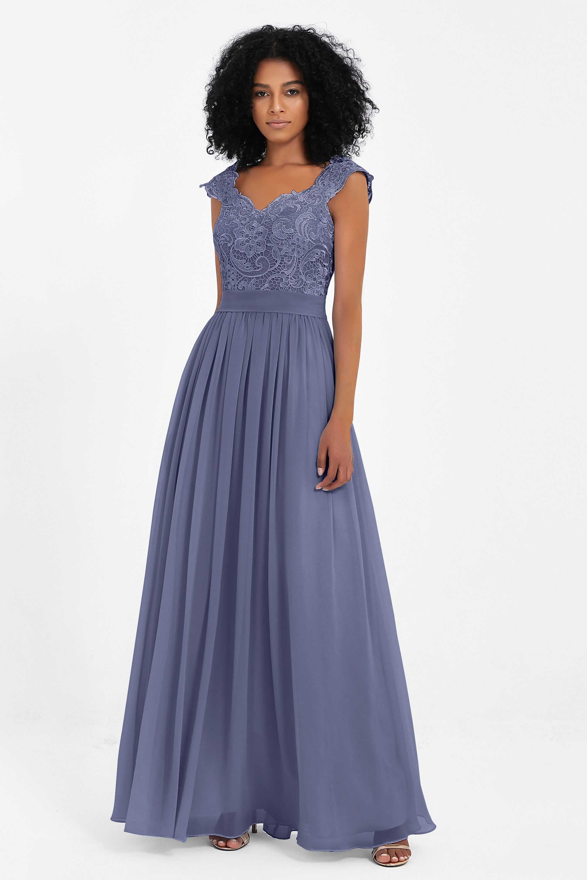 Cap Sleeves Chiffon Bridesmaid Dress with Lace Long Formal Evening Prom Dresses Gowns