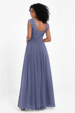Cap Sleeves Chiffon Bridesmaid Dress with Lace Long Formal Evening Prom Dresses Gowns