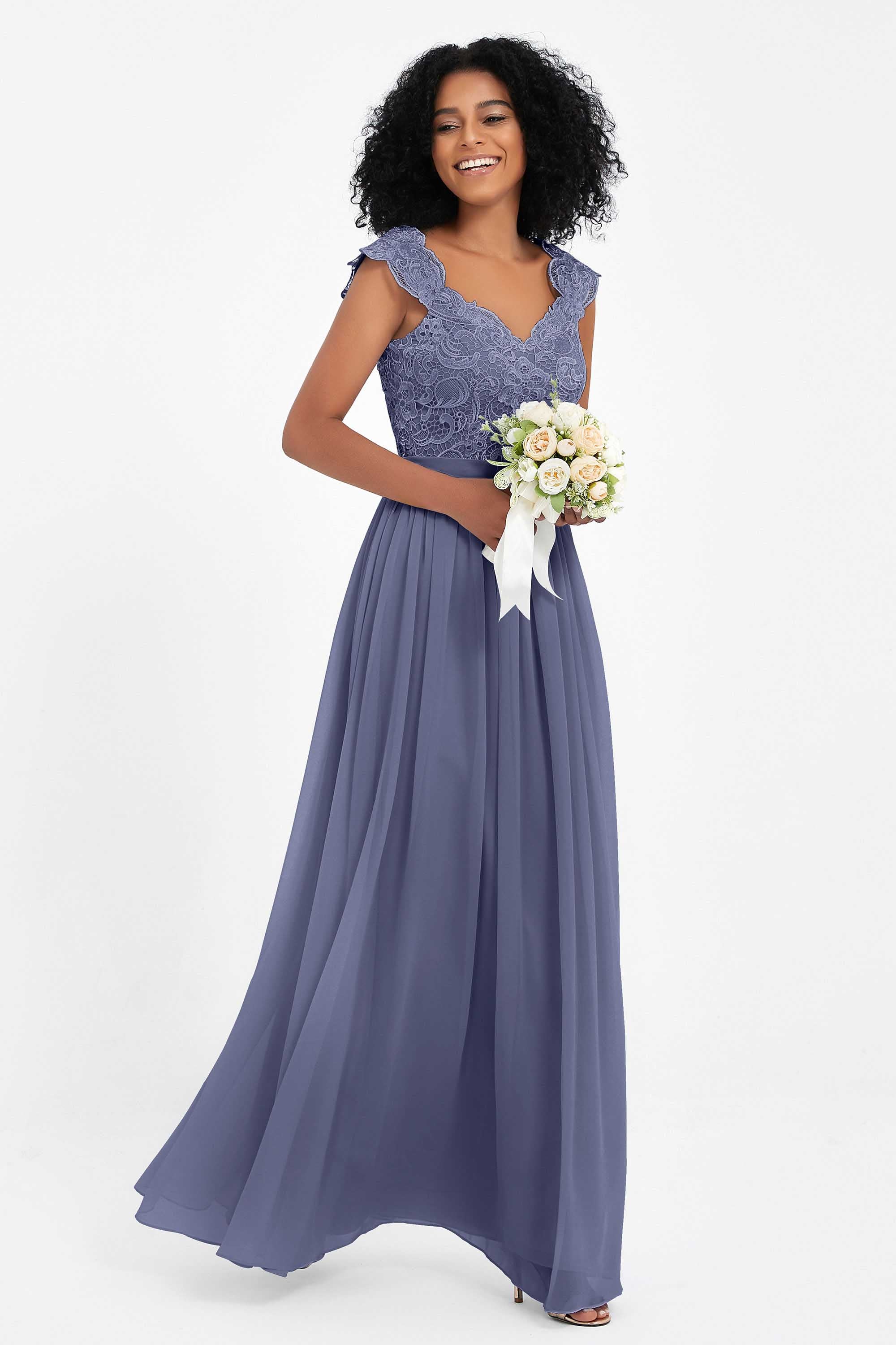 Cap Sleeves Chiffon Bridesmaid Dress with Lace Long Formal Evening Prom Dresses Gowns