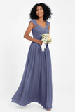 Cap Sleeves Chiffon Bridesmaid Dress with Lace Long Formal Evening Prom Dresses Gowns