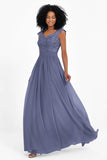 Cap Sleeves Chiffon Bridesmaid Dress with Lace Long Formal Evening Prom Dresses Gowns