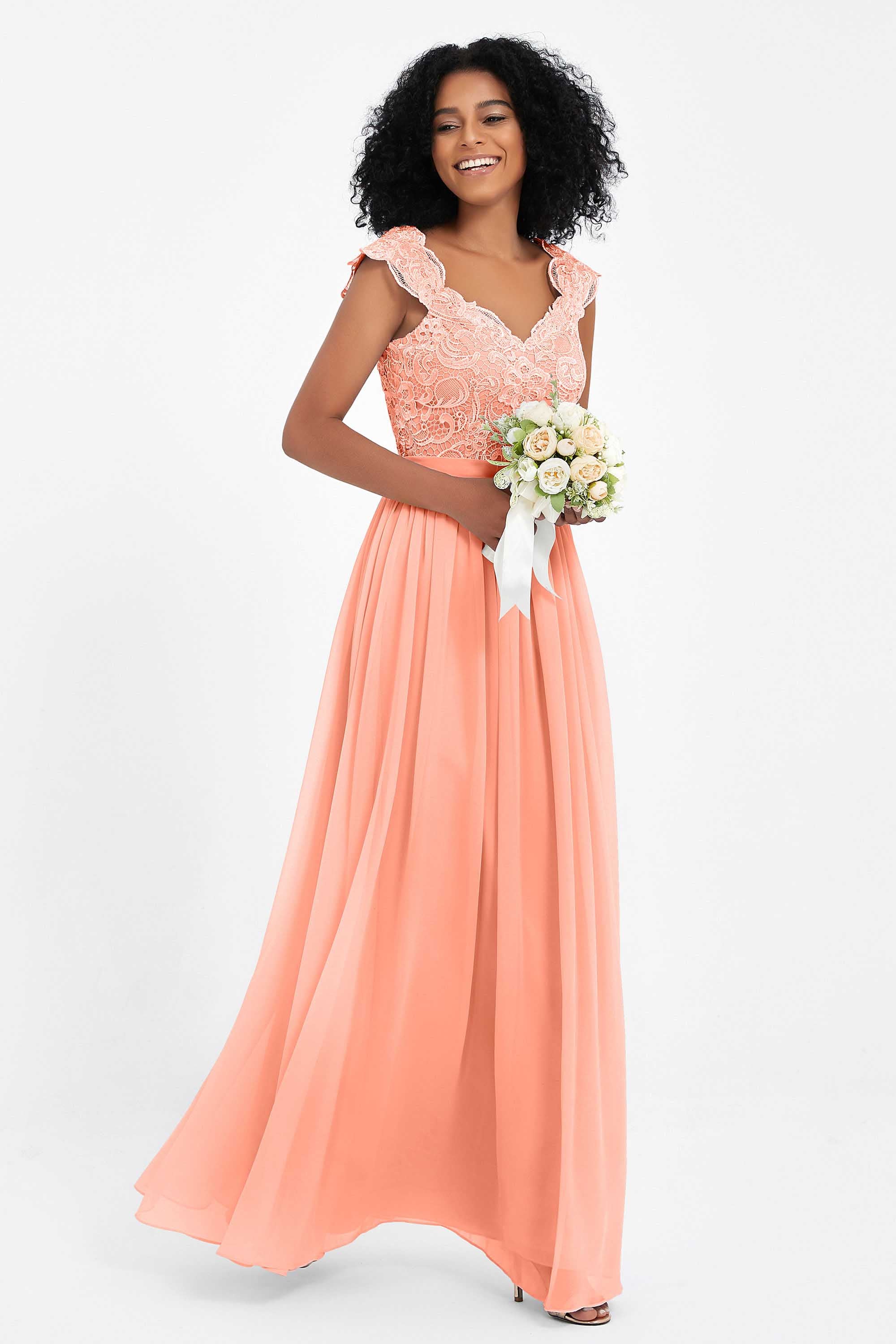 Cap Sleeves Chiffon Bridesmaid Dress with Lace Long Formal Evening Prom Dresses Gowns