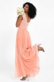 Cap Sleeves Chiffon Bridesmaid Dress with Lace Long Formal Evening Prom Dresses Gowns