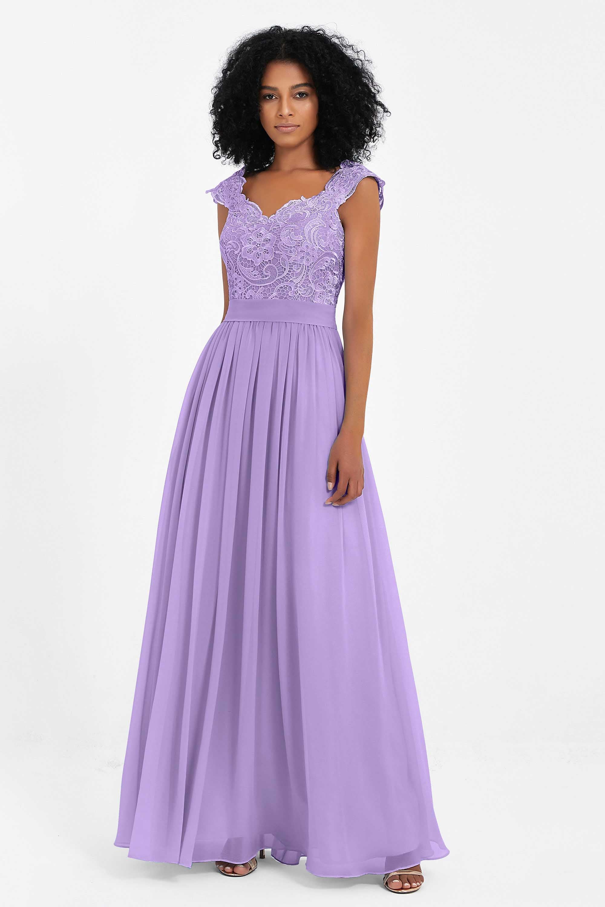 Cap Sleeves Chiffon Bridesmaid Dress with Lace Long Formal Evening Prom Dresses Gowns