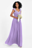 Cap Sleeves Chiffon Bridesmaid Dress with Lace Long Formal Evening Prom Dresses Gowns