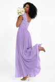 Cap Sleeves Chiffon Bridesmaid Dress with Lace Long Formal Evening Prom Dresses Gowns