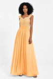 Cap Sleeves Chiffon Bridesmaid Dress with Lace Long Formal Evening Prom Dresses Gowns