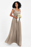 Cap Sleeves Chiffon Bridesmaid Dress with Lace Long Formal Evening Prom Dresses Gowns