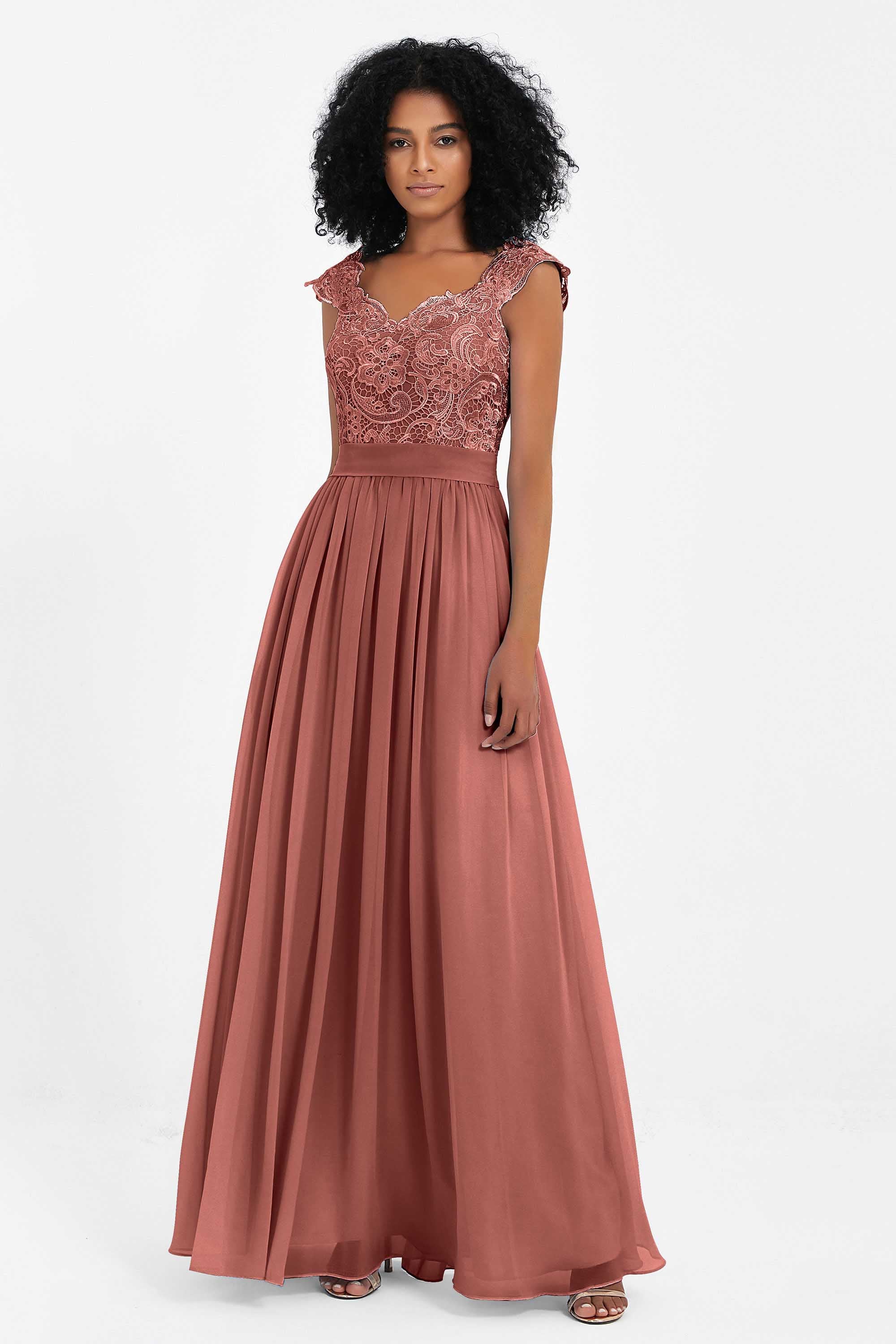 Cap Sleeves Chiffon Bridesmaid Dress with Lace Long Formal Evening Prom Dresses Gowns