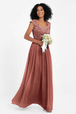 Cap Sleeves Chiffon Bridesmaid Dress with Lace Long Formal Evening Prom Dresses Gowns