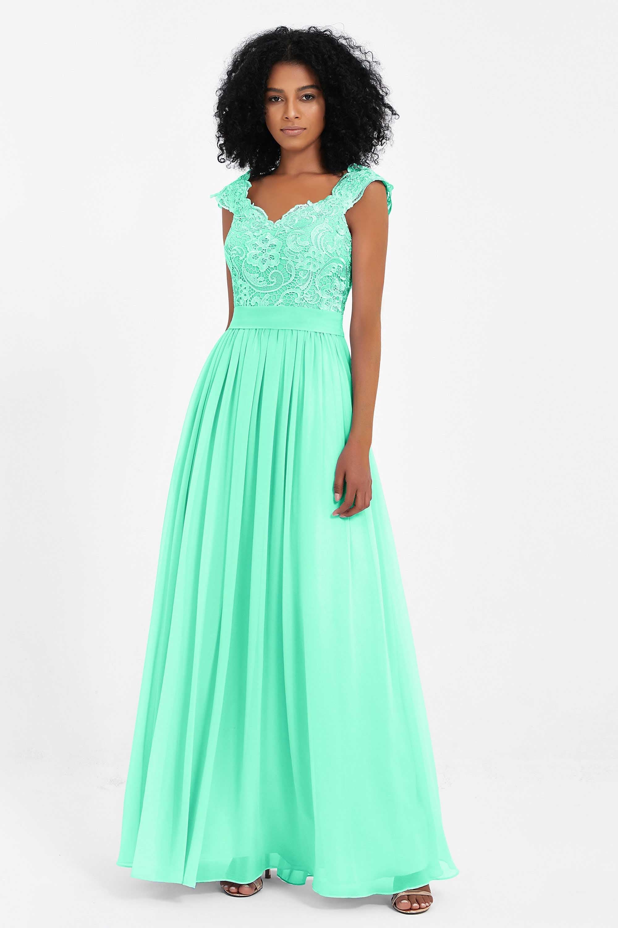 Cap Sleeves Chiffon Bridesmaid Dress with Lace Long Formal Evening Prom Dresses Gowns