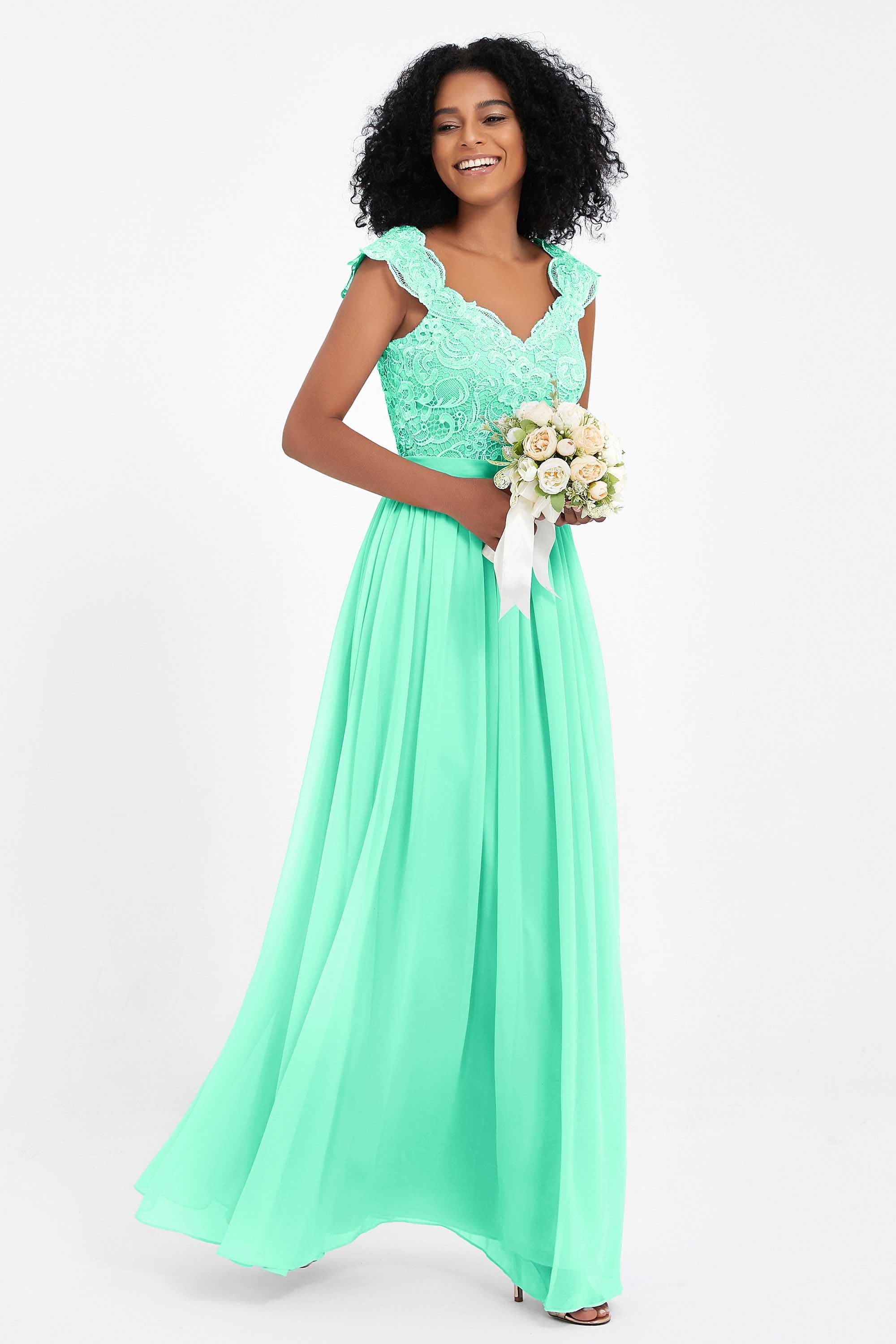 Cap Sleeves Chiffon Bridesmaid Dress with Lace Long Formal Evening Prom Dresses Gowns