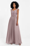 Cap Sleeves Chiffon Bridesmaid Dress with Lace Long Formal Evening Prom Dresses Gowns