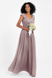 Cap Sleeves Chiffon Bridesmaid Dress with Lace Long Formal Evening Prom Dresses Gowns