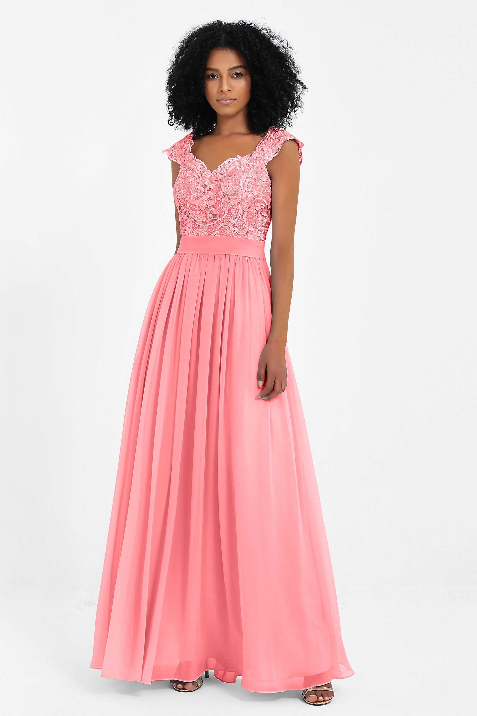 Cap Sleeves Chiffon Bridesmaid Dress with Lace Long Formal Evening Prom Dresses Gowns