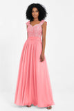 Cap Sleeves Chiffon Bridesmaid Dress with Lace Long Formal Evening Prom Dresses Gowns