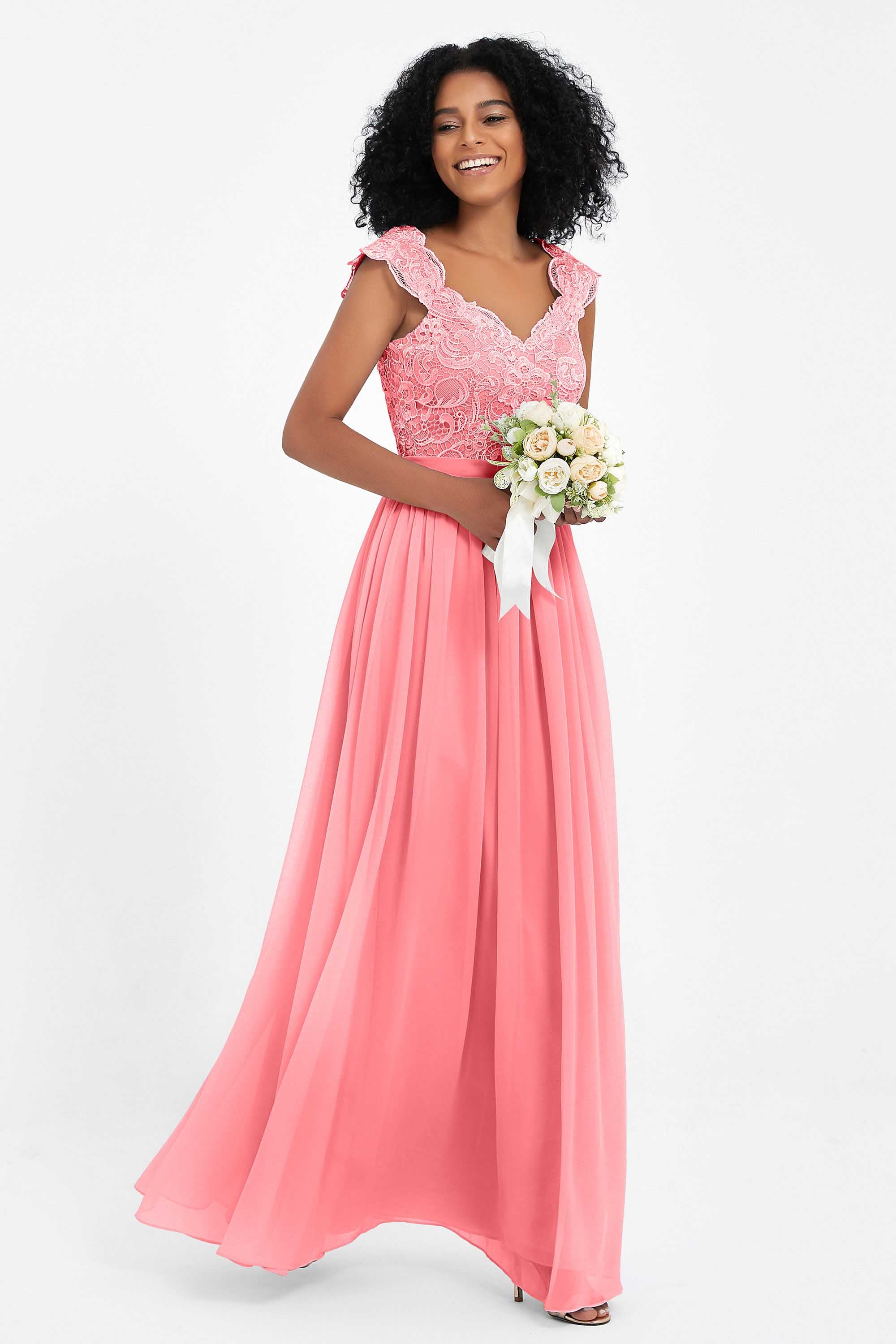 Cap Sleeves Chiffon Bridesmaid Dress with Lace Long Formal Evening Prom Dresses Gowns