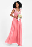 Cap Sleeves Chiffon Bridesmaid Dress with Lace Long Formal Evening Prom Dresses Gowns