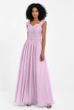 Cap Sleeves Chiffon Bridesmaid Dress with Lace Long Formal Evening Prom Dresses Gowns