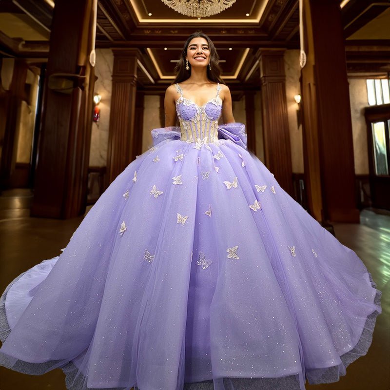 Spaghetti Straps Quinceanera Dresses Ball Gown with Butterfly Appliques and Bowknot