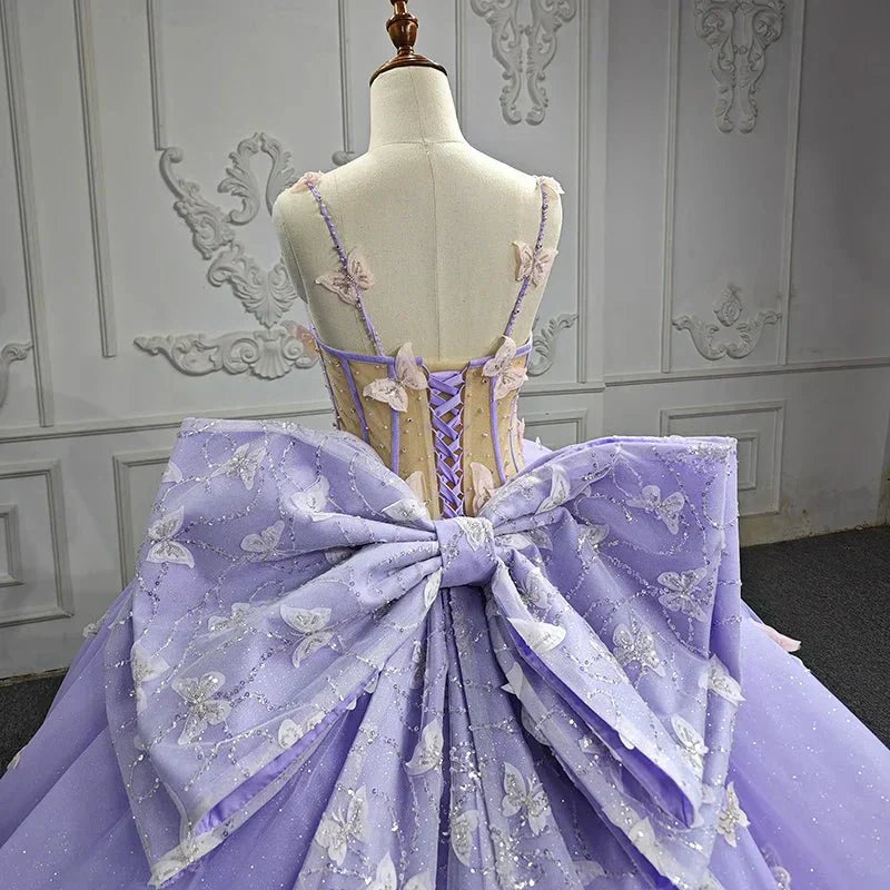 Spaghetti Straps Quinceanera Dresses Ball Gown with Butterfly Appliques and Bowknot