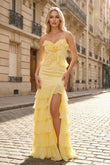 Mermaid Spaghetti Straps Yellow Ruffle Chiffon Long Prom Dresses with Flower