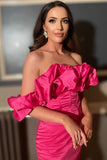 Red Off-the-Shoulder Bodycon Cocktail Dress with Ruffles