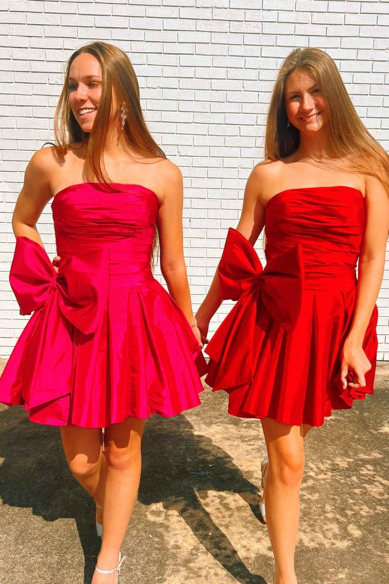 A-Line Strapless Pleated Party Dress with Bow
