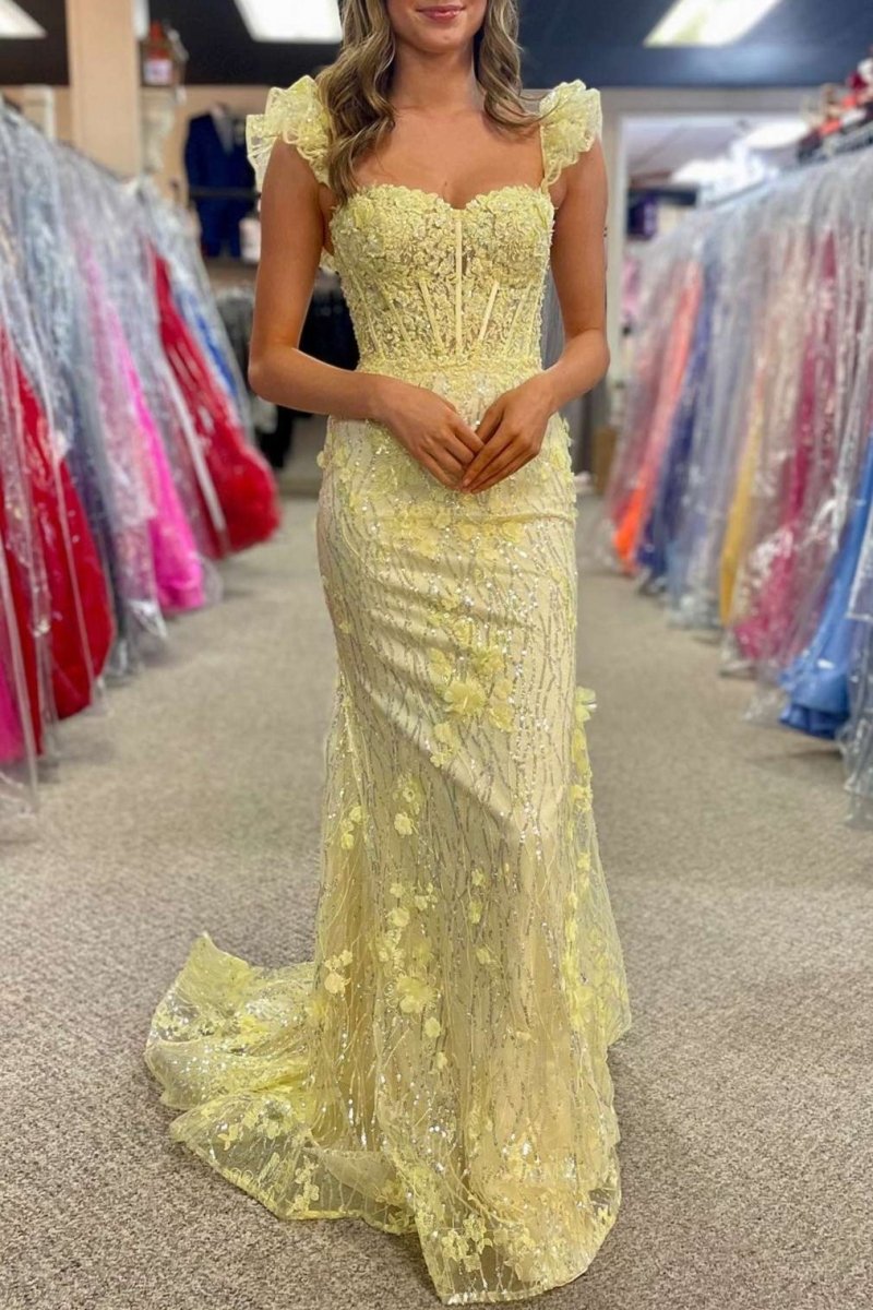 Yellow Ruffle Straps 3D Flower Mermaid Long Prom Dress