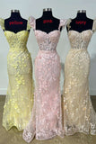 Yellow Ruffle Straps 3D Flower Mermaid Long Prom Dress