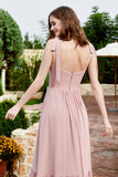 Square Sleeveless Chiffon Bridesmaid Dress Ruched Ruffles Formal Evening Dresses with Bow