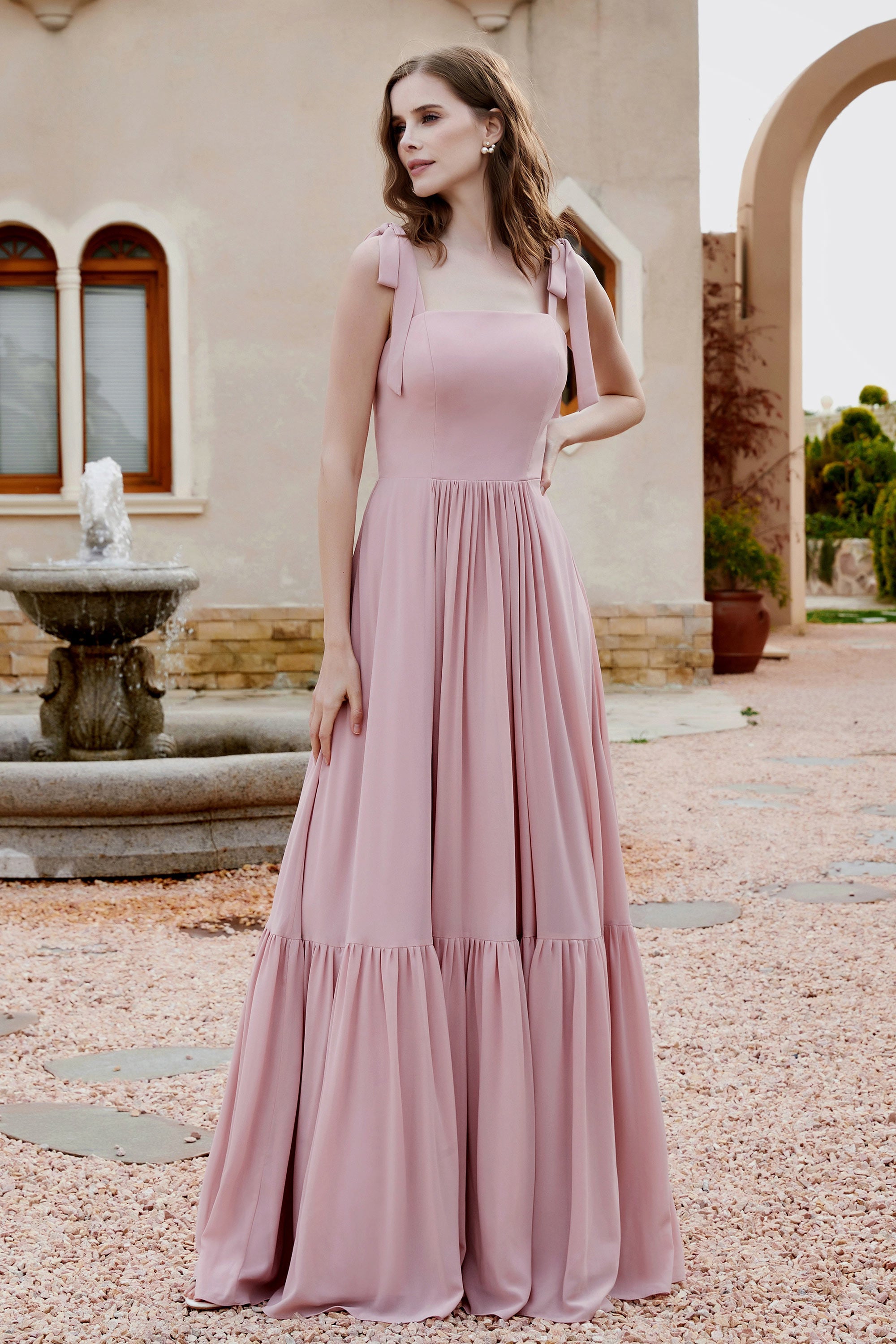 Square Sleeveless Chiffon Bridesmaid Dress Ruched Ruffles Formal Evening Dresses with Bow