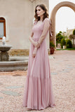 Square Sleeveless Chiffon Bridesmaid Dress Ruched Ruffles Formal Evening Dresses with Bow
