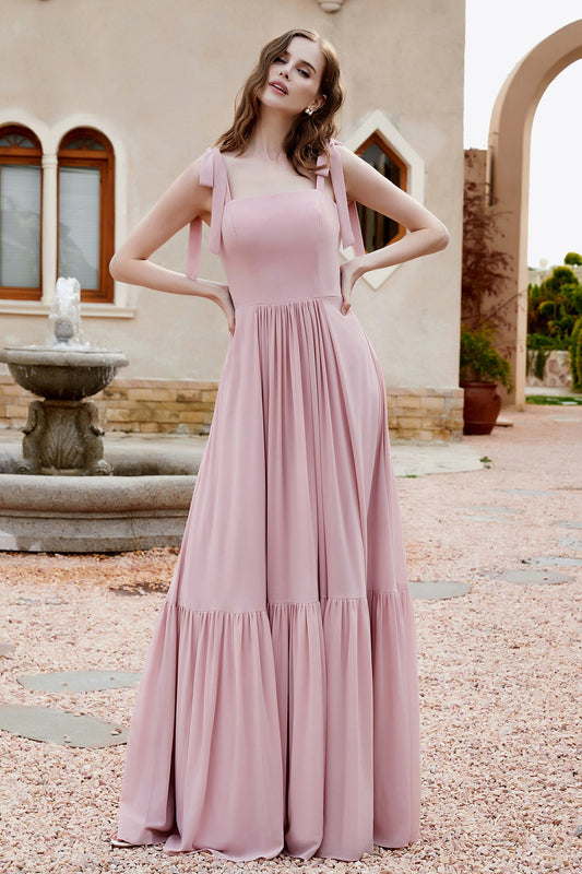 Square Sleeveless Chiffon Bridesmaid Dress Ruched Ruffles Formal Evening Dresses with Bow