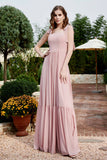 Square Sleeveless Chiffon Bridesmaid Dress Ruched Ruffles Formal Evening Dresses with Bow