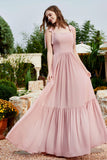 Square Sleeveless Chiffon Bridesmaid Dress Ruched Ruffles Formal Evening Dresses with Bow