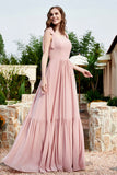 Square Sleeveless Chiffon Bridesmaid Dress Ruched Ruffles Formal Evening Dresses with Bow