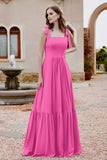 Square Sleeveless Chiffon Bridesmaid Dress Ruched Ruffles Formal Evening Dresses with Bow