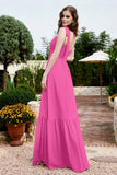 Square Sleeveless Chiffon Bridesmaid Dress Ruched Ruffles Formal Evening Dresses with Bow